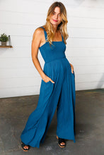 Load image into Gallery viewer, Ocean Blue Smocked Rib Wide Leg Romper Jumpsuit
