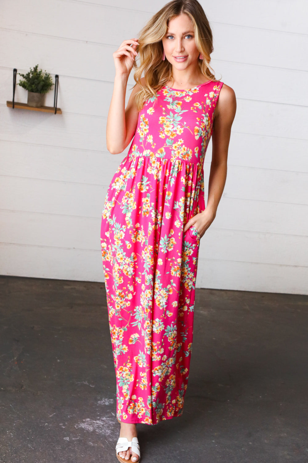 Yellow & Fuchsia Floral Fit and Flare Sleeveless Maxi Dress