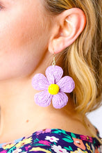 Load image into Gallery viewer, Lilac Handwoven Straw Flower Dangle Earrings
