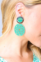 Load image into Gallery viewer, Teal Crochet Carved Disc Dangle Earrings
