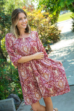 Load image into Gallery viewer, Cranberry Paisley Woven Bubble Sleeve Midi Dress
