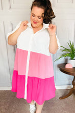 Load image into Gallery viewer, Tell Me More Pink Color Block Collared Button Down Dress
