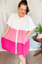 Load image into Gallery viewer, Tell Me More Pink Color Block Collared Button Down Dress
