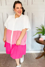 Load image into Gallery viewer, Tell Me More Pink Color Block Collared Button Down Dress
