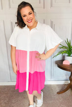 Load image into Gallery viewer, Tell Me More Pink Color Block Collared Button Down Dress
