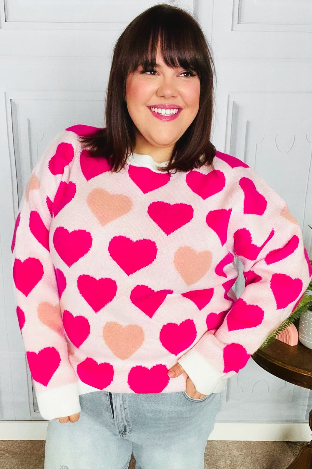 Be Mine Cream & Fuchsia Heart Oversized Sweater