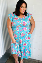 Load image into Gallery viewer, Aqua Floral Elastic Waist Fit &amp; Flare Ruffle Midi Dress
