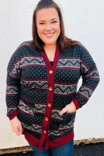 Load image into Gallery viewer, All Class Burgundy Holiday Print Button Cardigan
