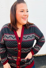 Load image into Gallery viewer, All Class Burgundy Holiday Print Button Cardigan
