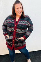 Load image into Gallery viewer, All Class Burgundy Holiday Print Button Cardigan
