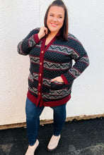 Load image into Gallery viewer, All Class Burgundy Holiday Print Button Cardigan
