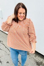 Load image into Gallery viewer, Adorable in Gingham Rust Shirred Mock Neck Top
