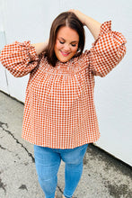 Load image into Gallery viewer, Adorable in Gingham Rust Shirred Mock Neck Top
