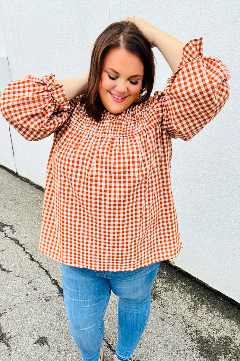 Adorable in Gingham Rust Shirred Mock Neck Top