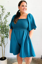 Load image into Gallery viewer, Feeling Playful Teal Smocked Flutter Sleeve Romper
