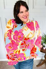 Load image into Gallery viewer, Let&#39;s Meet Later Fuchsia &amp; Blue Floral Frill Neck Top

