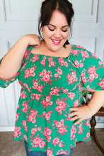 Load image into Gallery viewer, Sumptuous In Smocked Green &amp; Coral Flower Print Babydoll Top

