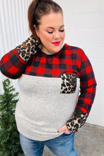 Load image into Gallery viewer, All Of Me Grey &amp; Red Plaid Animal Print Pocketed Top
