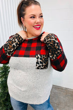 Load image into Gallery viewer, All Of Me Grey &amp; Red Plaid Animal Print Pocketed Top
