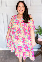 Load image into Gallery viewer, Lovely Lady Mint &amp; Fuchsia Floral Notch Neck Woven Dress
