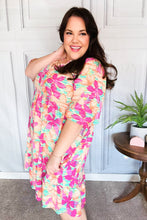 Load image into Gallery viewer, Lovely Lady Mint &amp; Fuchsia Floral Notch Neck Woven Dress
