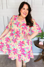 Load image into Gallery viewer, Lovely Lady Mint &amp; Fuchsia Floral Notch Neck Woven Dress
