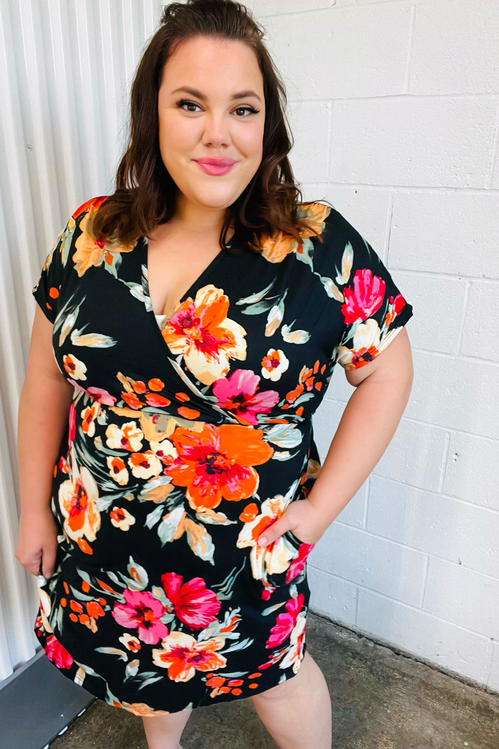 Black & Blood Orange Floral Surplice V Neck Dress