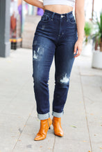 Load image into Gallery viewer, Judy Blue Dark Blue Mid Rise Stitch Detail Boyfriend Fit Cuffed Jeans
