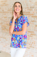 Load image into Gallery viewer, Lizzy Cap Sleeve Top in Blue and Magenta Ikat
