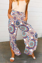 Load image into Gallery viewer, Azure Blue Boho Paisley Smocked Waist Slit Palazzo Pants
