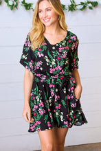 Load image into Gallery viewer, Black &amp; Floral Surplice Short Sleeve Pocketed Romper
