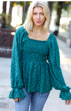 Load image into Gallery viewer, Always With You Teal Smocked Ditzy Floral Ruffle Top
