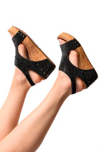 Load image into Gallery viewer, Ashley Wedge Sandals in Black Rhinestone
