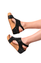 Load image into Gallery viewer, Ashley Wedge Sandals in Black Rhinestone
