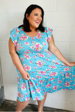 Load image into Gallery viewer, Aqua Floral Elastic Waist Fit &amp; Flare Ruffle Midi Dress
