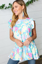 Load image into Gallery viewer, Baby Blue Floral Yoke Flutter Sleeve Keyhole Back Top
