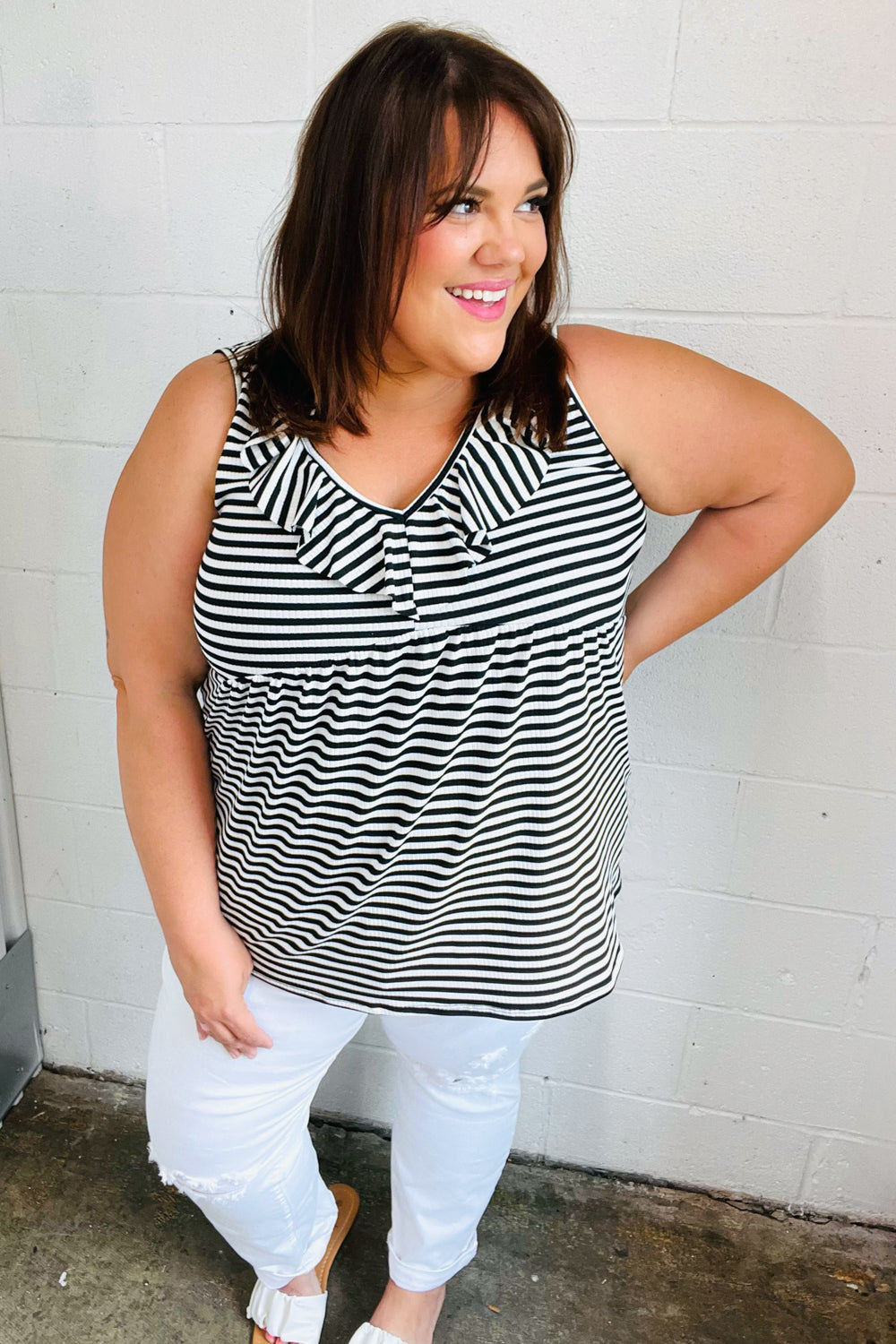 Black & White Striped Ruffle Sleeveless Top