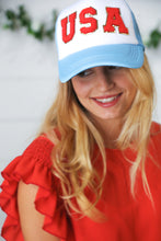 Load image into Gallery viewer, Sky Blue USA Snap Back Mesh Trucker Cap
