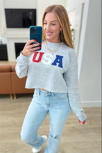 Load image into Gallery viewer, PREORDER: Cropped Length Embroidered Glitter USA Sweatshirt
