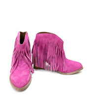 Load image into Gallery viewer, Amos Fringe Ankle Bootie in Magenta Suede
