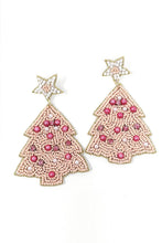 Load image into Gallery viewer, Pink Beaded &amp; Jeweled Christmas Tree Dangle Earrings
