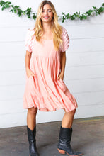 Load image into Gallery viewer, Peach Textured Bubble Sleeve Lined Dress
