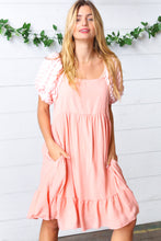 Load image into Gallery viewer, Peach Textured Bubble Sleeve Lined Dress
