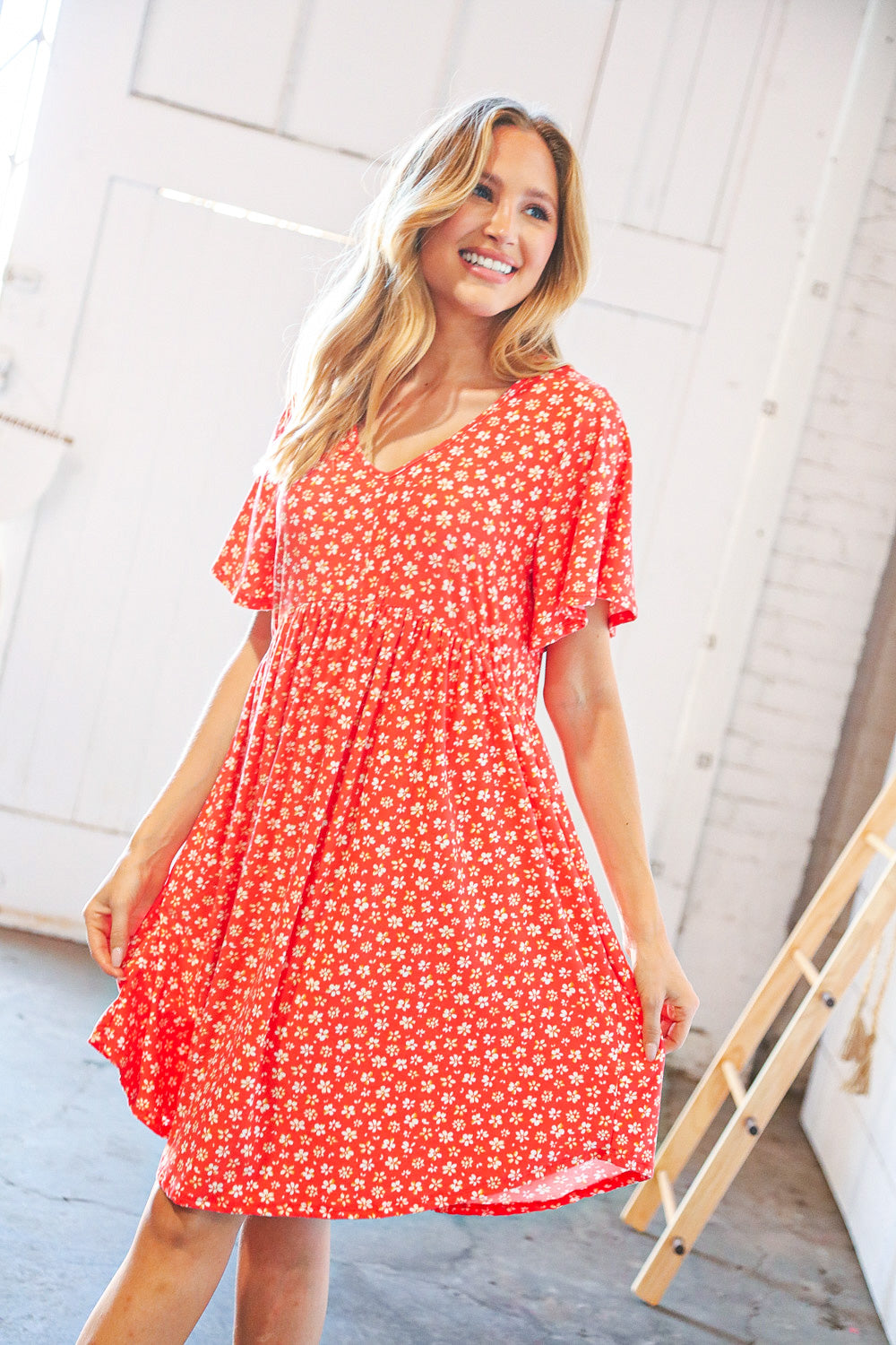 Coral Ditzy Floral V Neck Flutter Sleeve Midi Dress