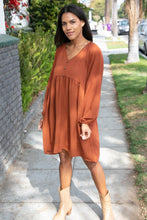 Load image into Gallery viewer, Rust Crepe V Neck Raglan Babydoll Dress
