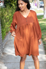 Load image into Gallery viewer, Rust Crepe V Neck Raglan Babydoll Dress
