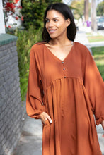 Load image into Gallery viewer, Rust Crepe V Neck Raglan Babydoll Dress
