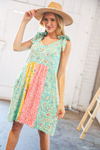 Load image into Gallery viewer, Mint Floral &amp; Leopard Color Block Shoulder Tie Knot Dress
