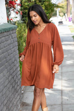 Load image into Gallery viewer, Rust Crepe V Neck Raglan Babydoll Dress
