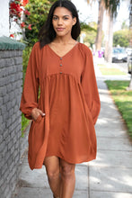 Load image into Gallery viewer, Rust Crepe V Neck Raglan Babydoll Dress
